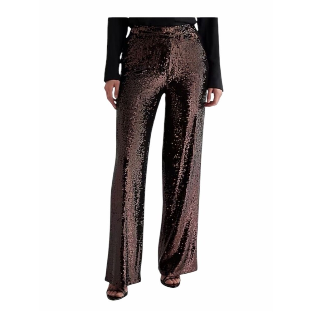 Express Brown Wide Leg Sequin Pants Women 10L Zip Pockets Festive Party Boho New